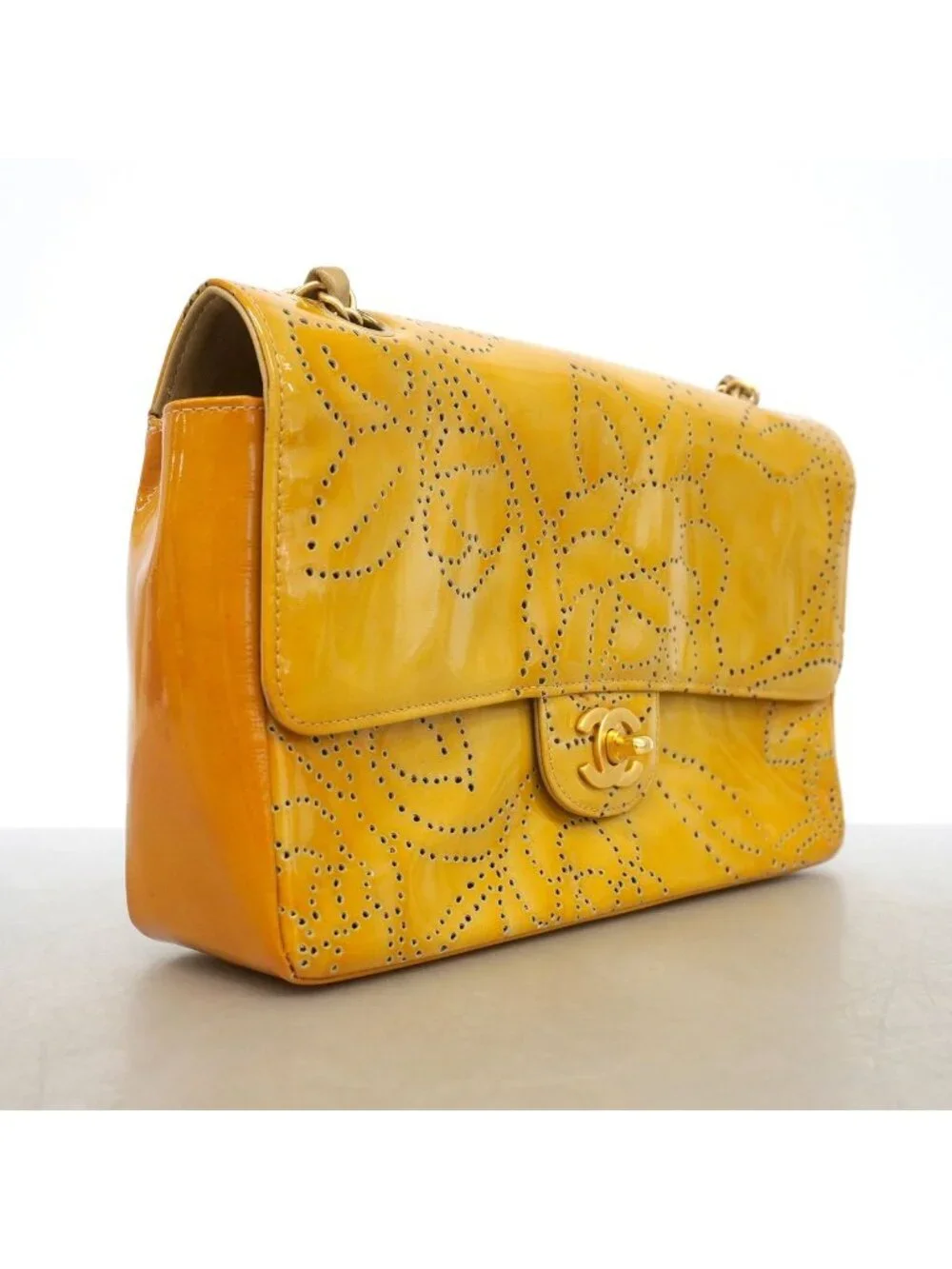 Chanel Shoulder Bag Perforated Patent Leather Yellow Gold